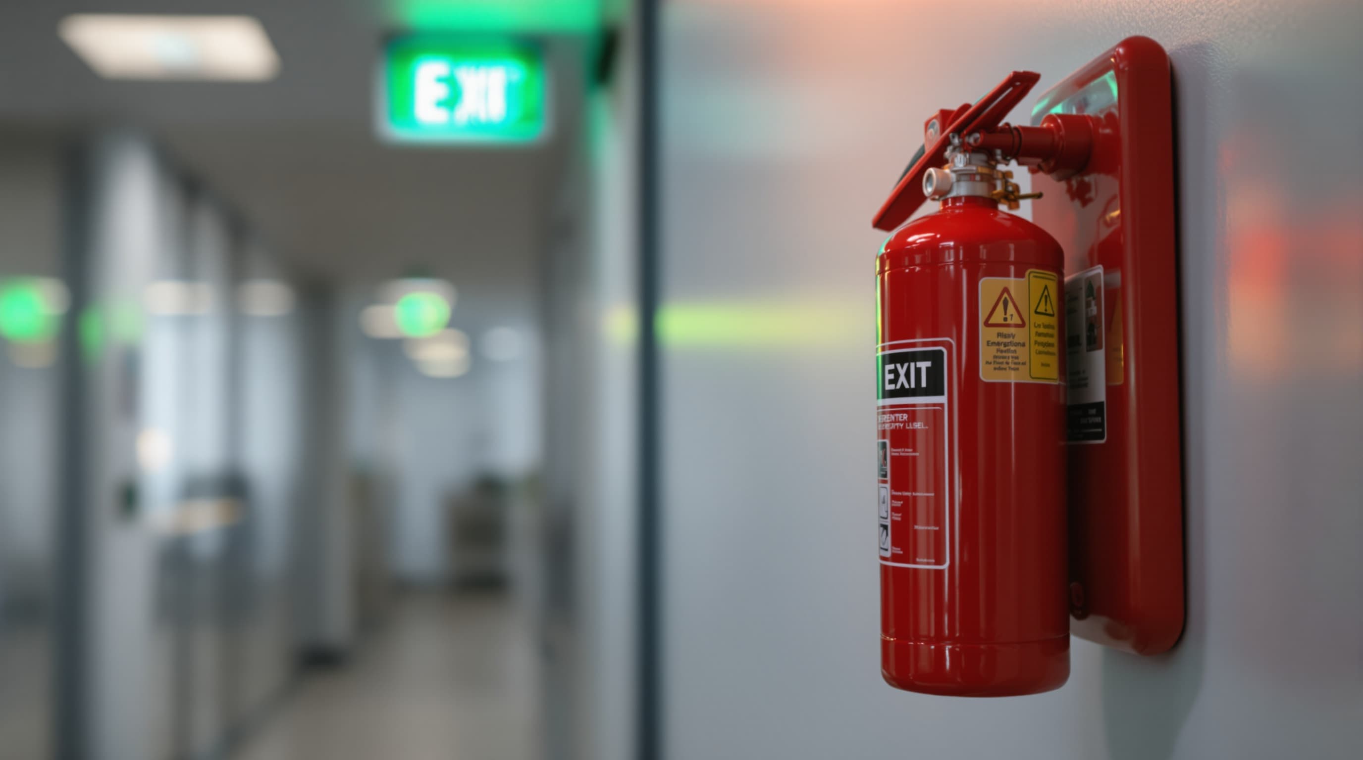 Extintor e sinalização de saída de emergência num corredor de escritório.