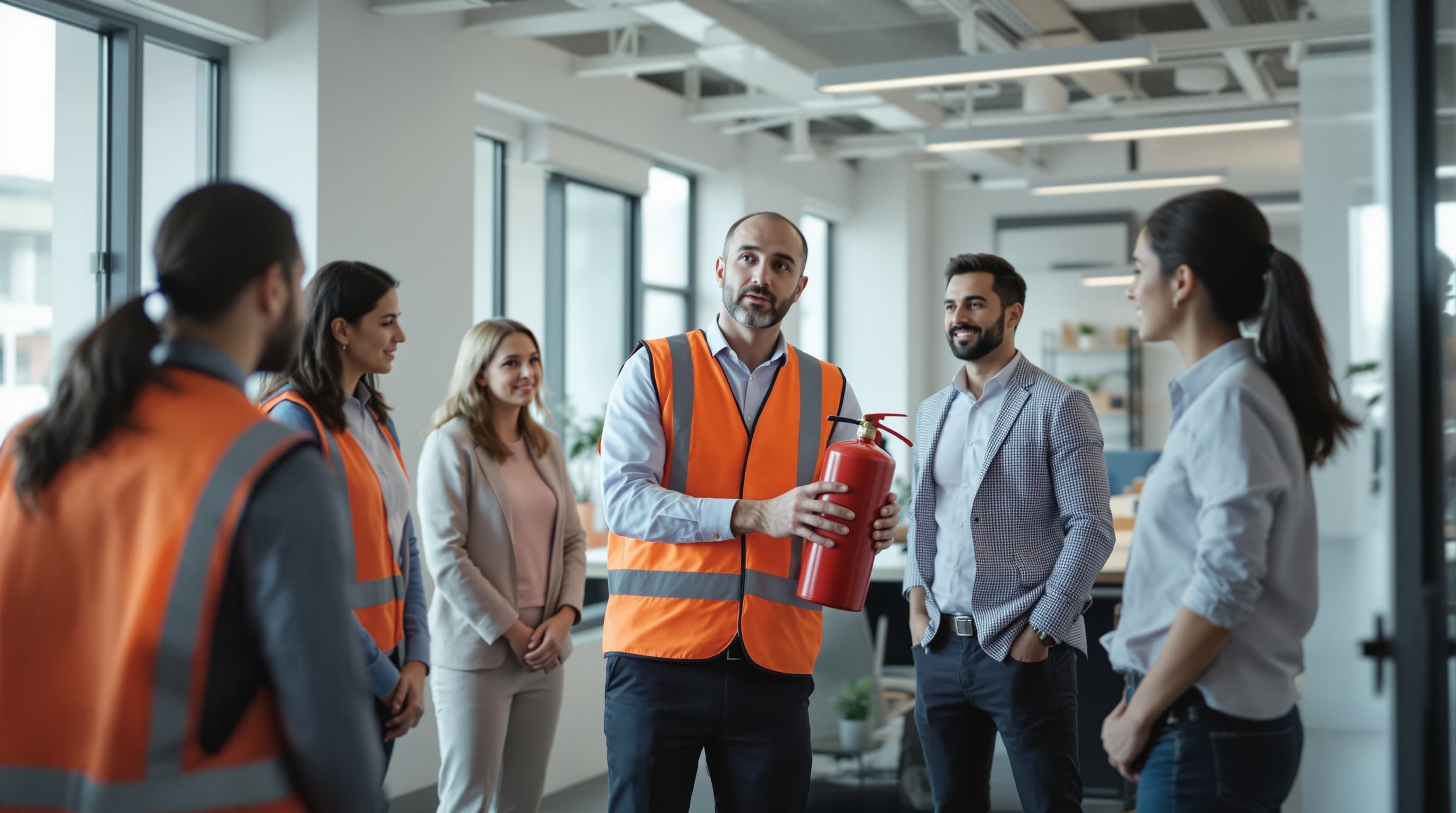 Formador a demonstrar o uso de um extintor a um grupo de trabalhadores.